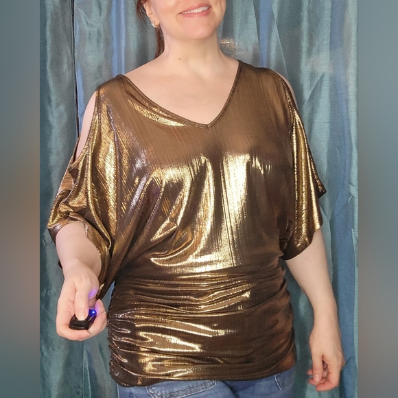 Gold Cold Shoulder Blouse with Flattering Rouching detail - Picture 3 of 5